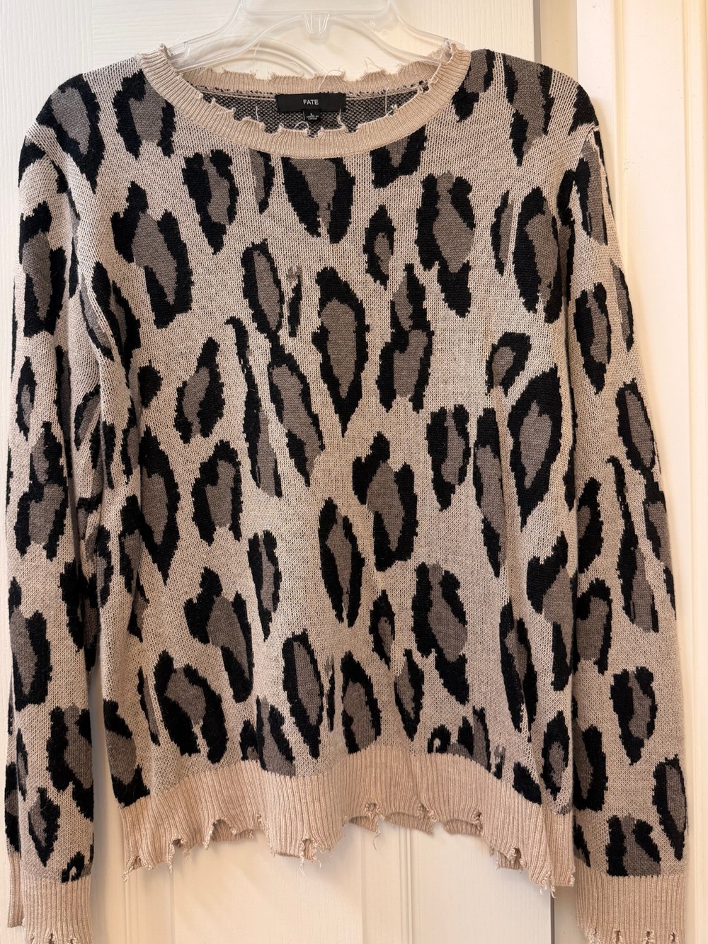 Distressed Leopard-Print Crewneck Sweater - Taupe/Black size large